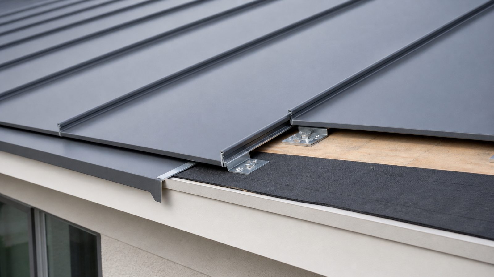 Standing seam roof panels with concealed metal clips above underlayment and wood decking