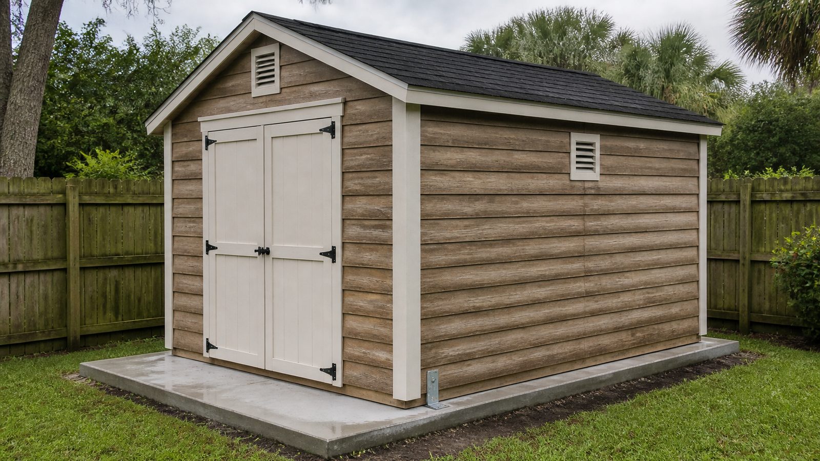 Wood storage shed on a level concrete slab with a subtle metal anchor point in a Florida backyard