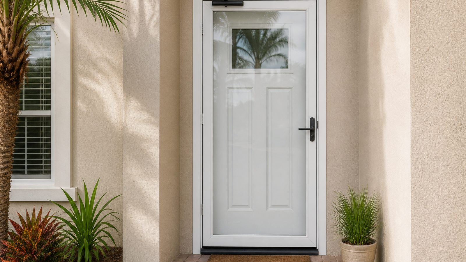 White full-view storm door with a black closer and even sweep at a stucco entry
