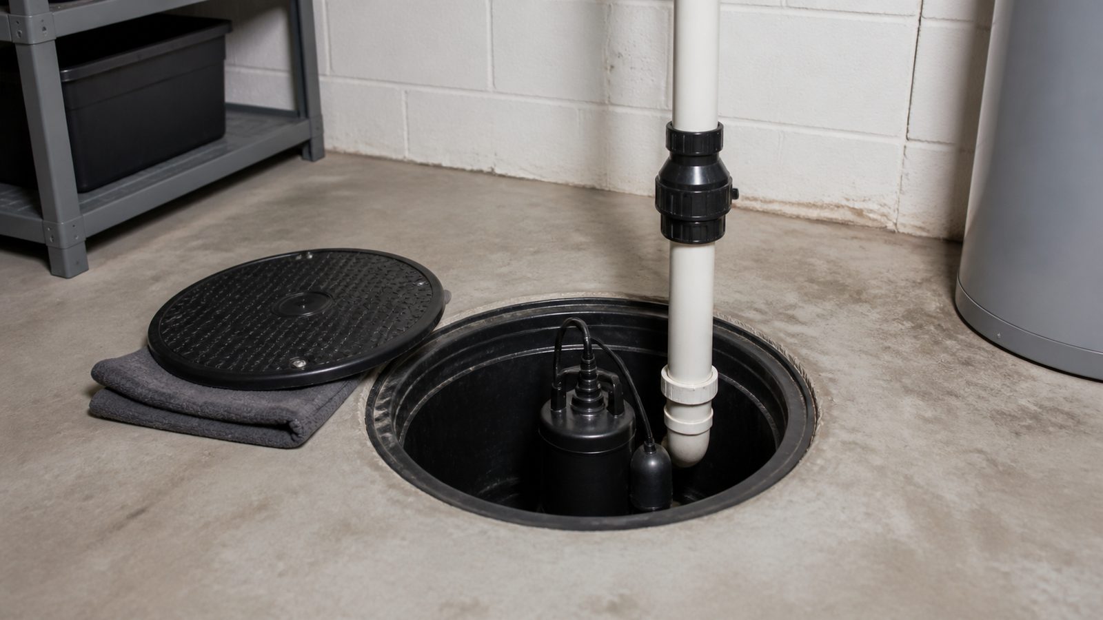 Clean sump basin with pump, float switch, discharge pipe, and accessible check valve