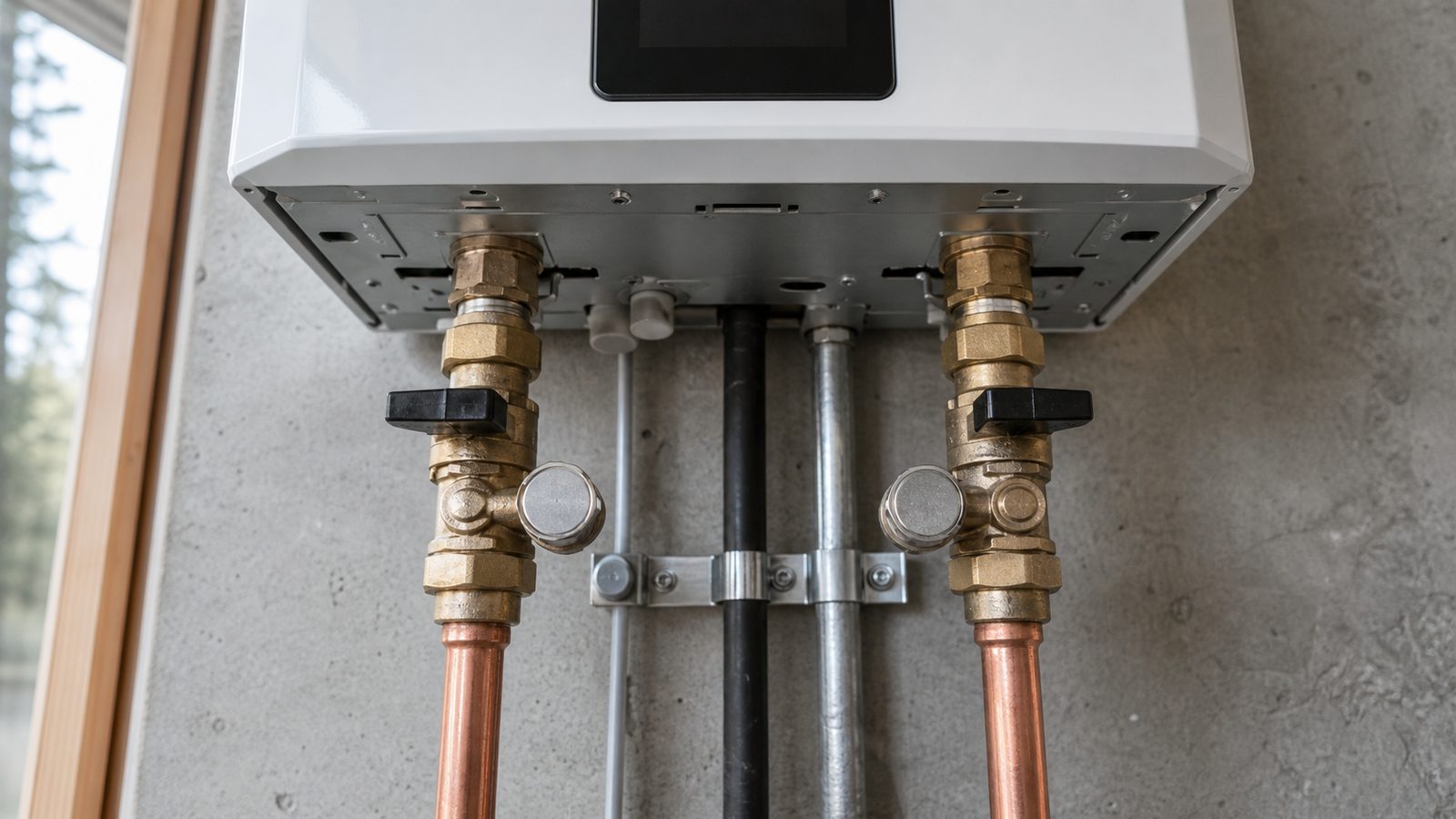 Tankless water heater isolation valves with capped hot and cold flush service ports