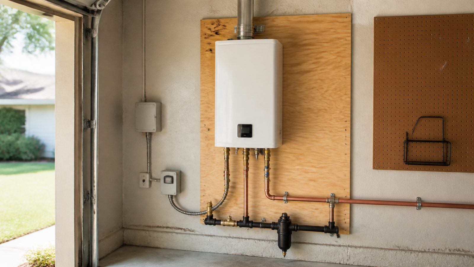 Wall-mounted gas tankless water heater with organized copper lines, isolation valves, and a metal vent