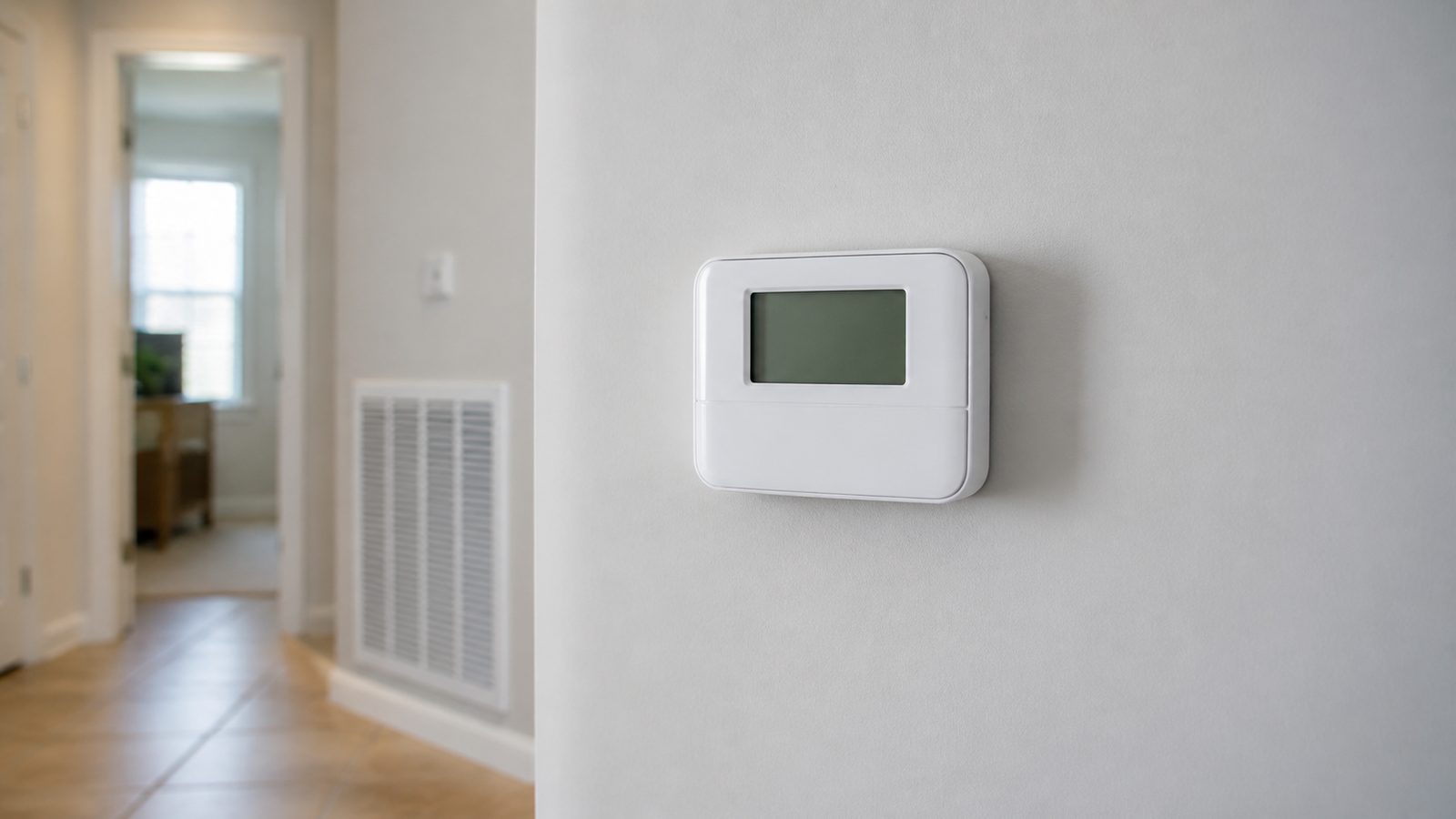 Blank-display wall thermostat beside a clean HVAC return grille