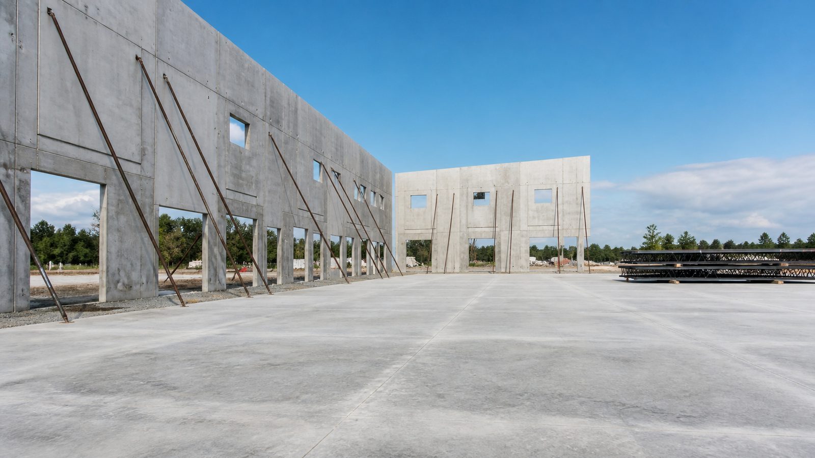 Tilt-up warehouse shell under construction with tall concrete panels, temporary braces, finished slab, and staged roof joists