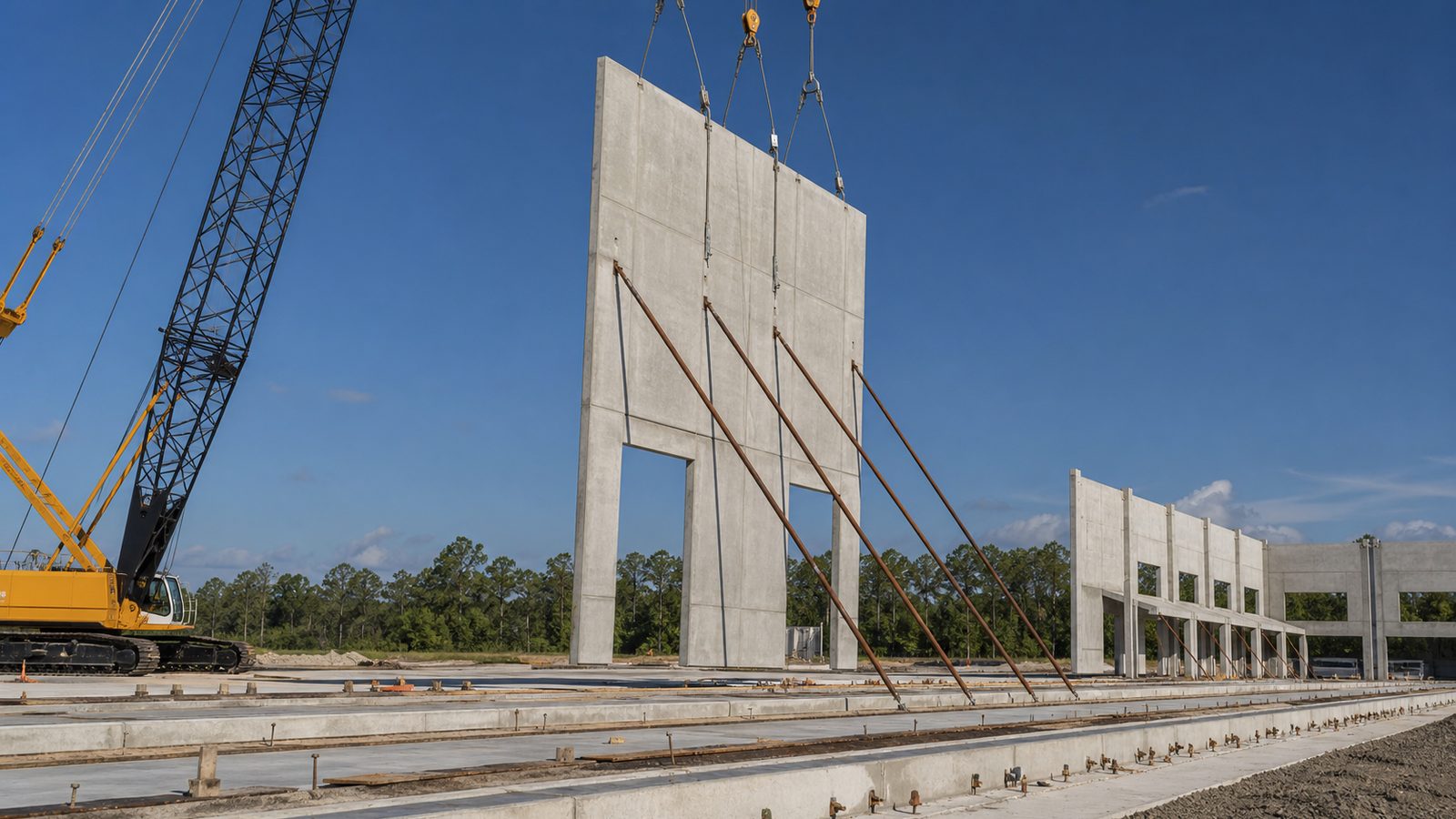 Tilt-up concrete warehouse wall panel being lifted and temporarily braced on an industrial site