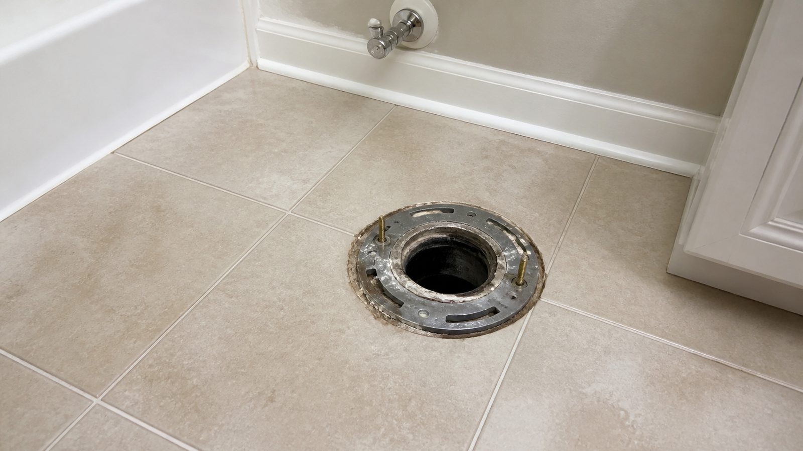 Bathroom floor opening prepared for a toilet flange with plumbing access below