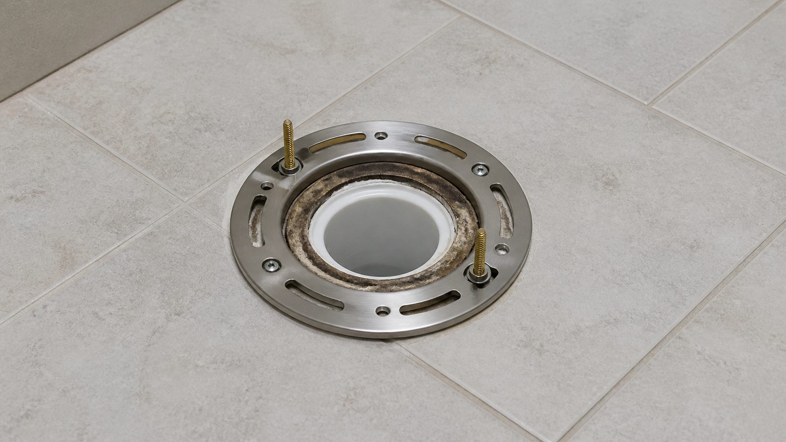 Toilet flange reinforced with a repair ring at a clean bathroom floor opening