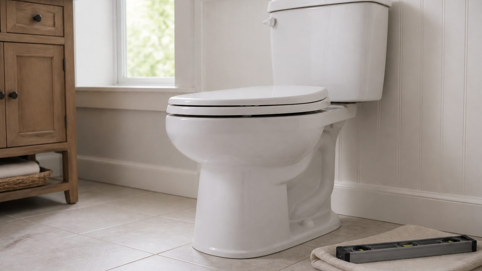 Generic white porcelain toilet installed squarely on neutral tile with a plain level nearby