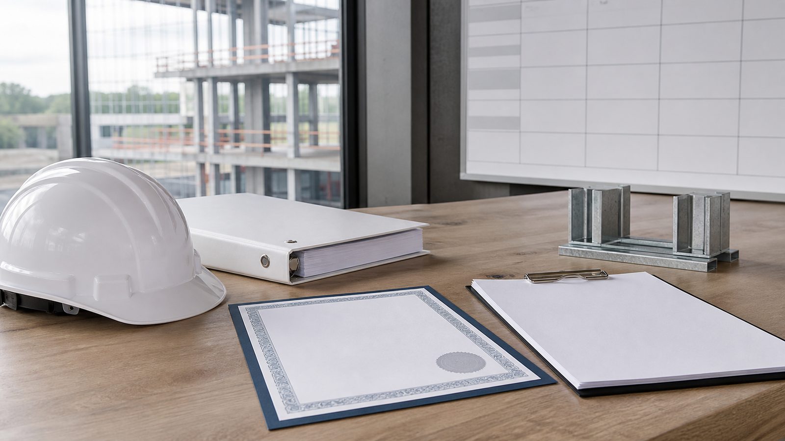 Blank qualification certificate, binder, clipboard, hardhat, and framing sample on a review table
