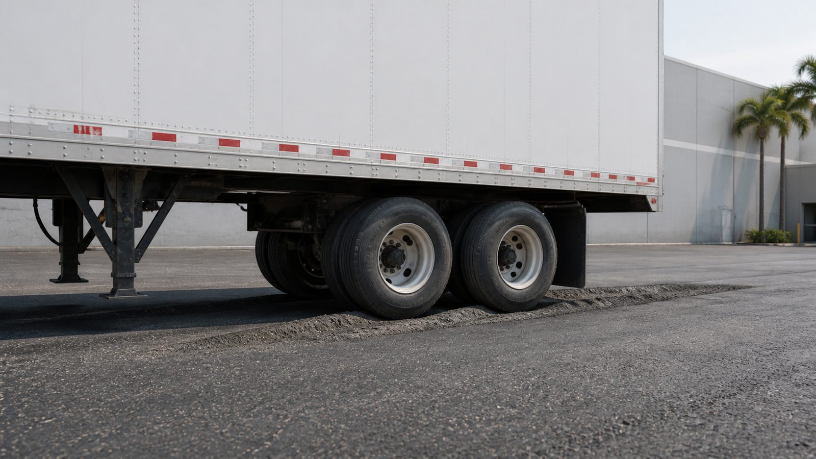 Trailer tandem wheels settled into shallow asphalt ruts
