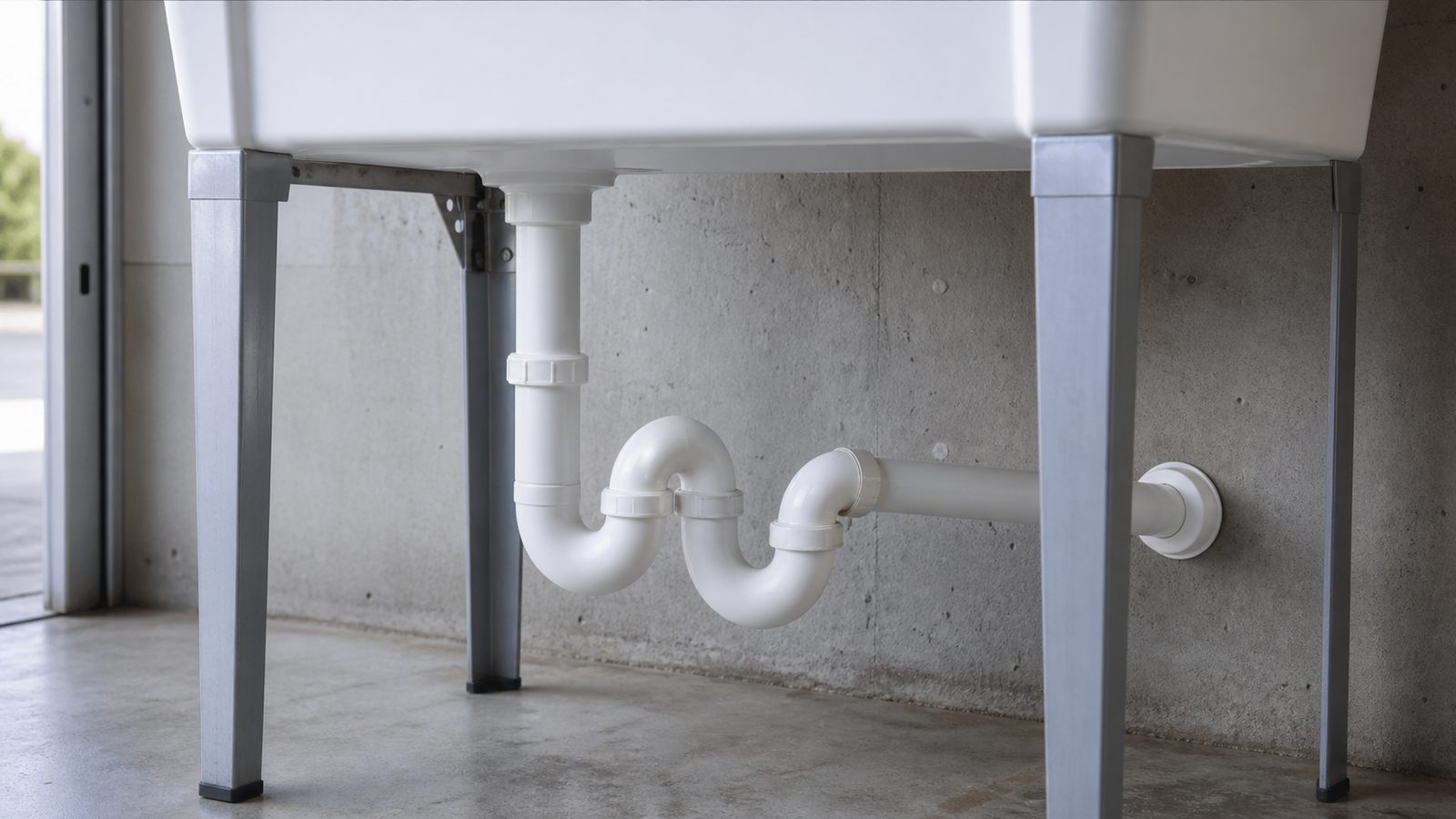 Two white PVC P-traps connected in series beneath a utility sink