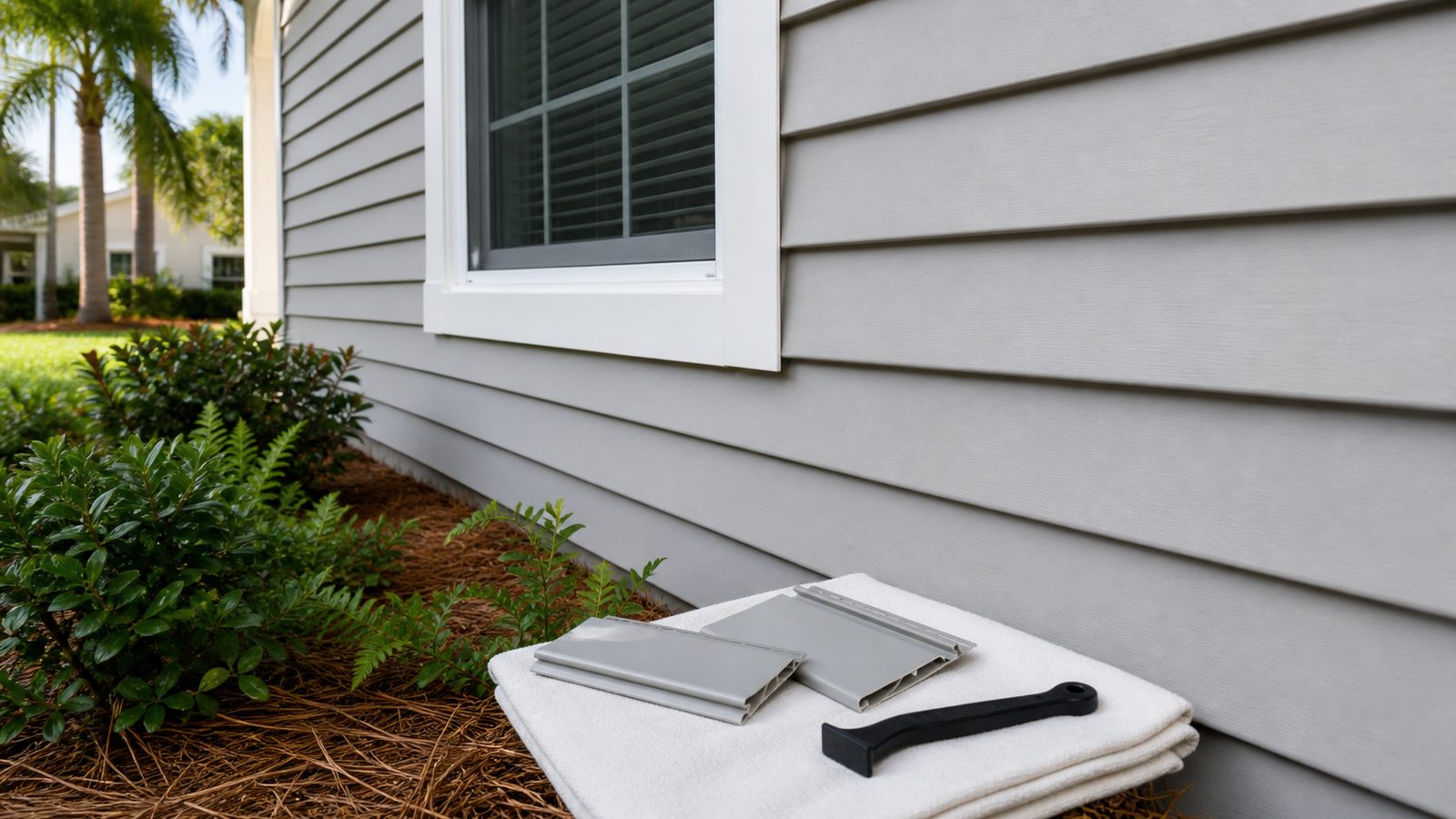 Matching vinyl siding profile samples beside an intact Florida exterior wall