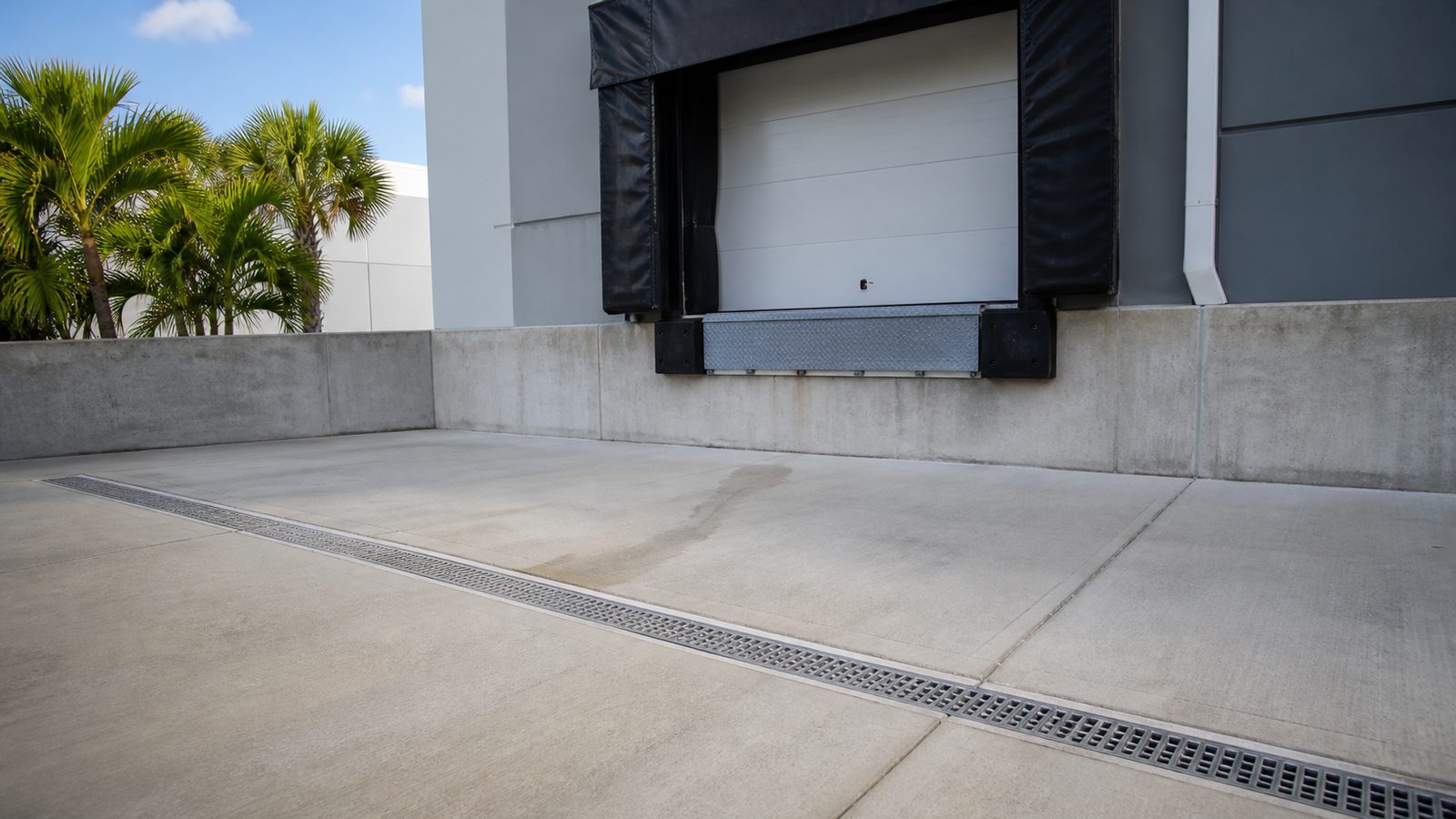 Linear trench drain beside a sloped concrete apron and closed loading dock door