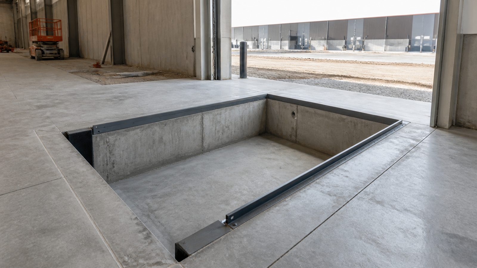 Empty warehouse loading dock with dry formed concrete leveler pit, embedded steel curb angles, and dock opening