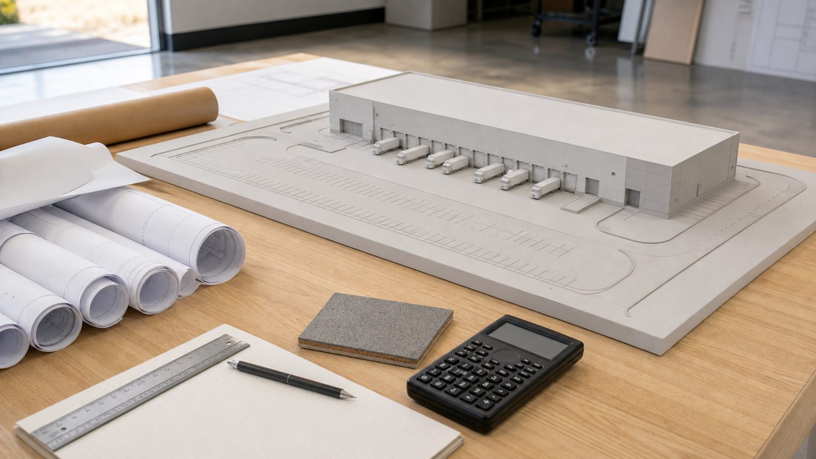 Warehouse massing model with loading bays, blank plans, ruler, and calculator