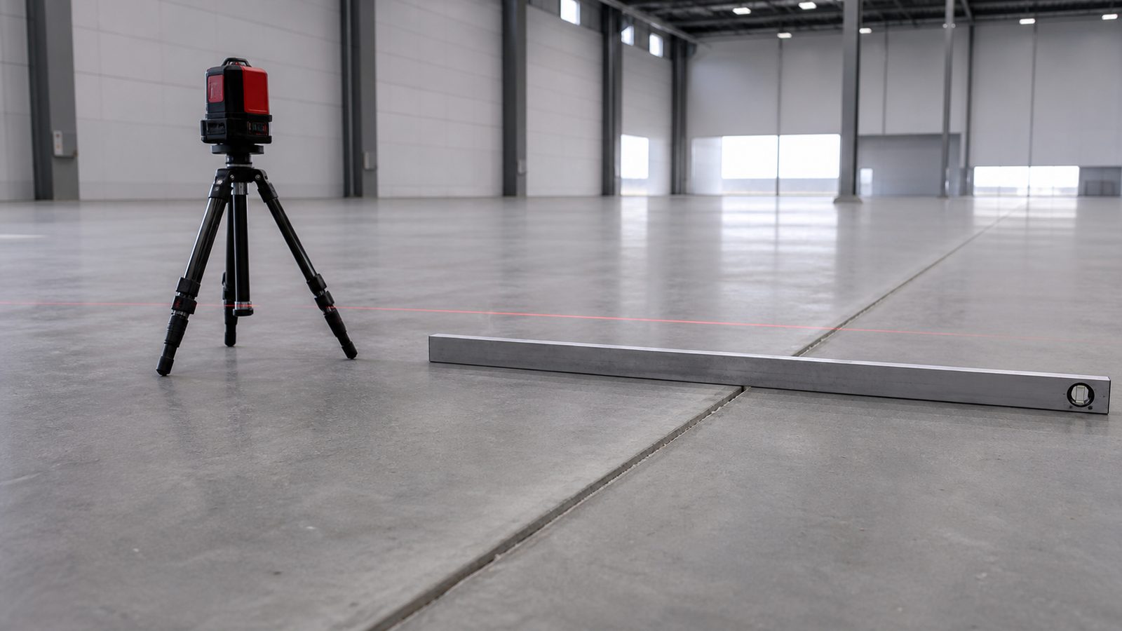 Concrete warehouse floor checked with a laser level and straightedge across a joint