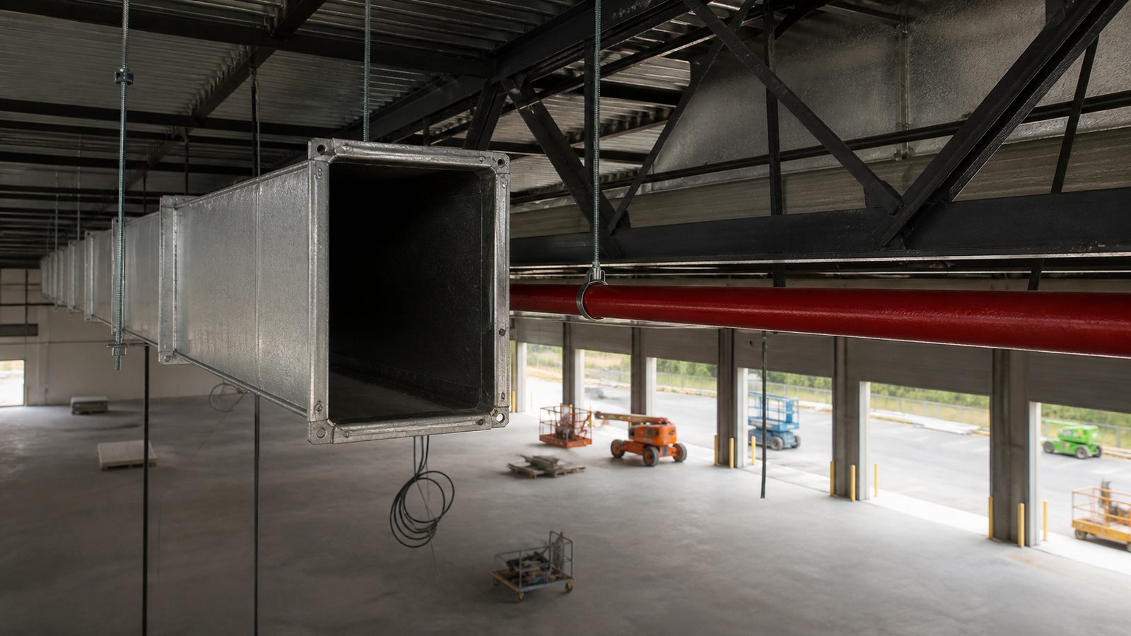 Rectangular duct stopping where a sprinkler main crosses an open steel joist bay