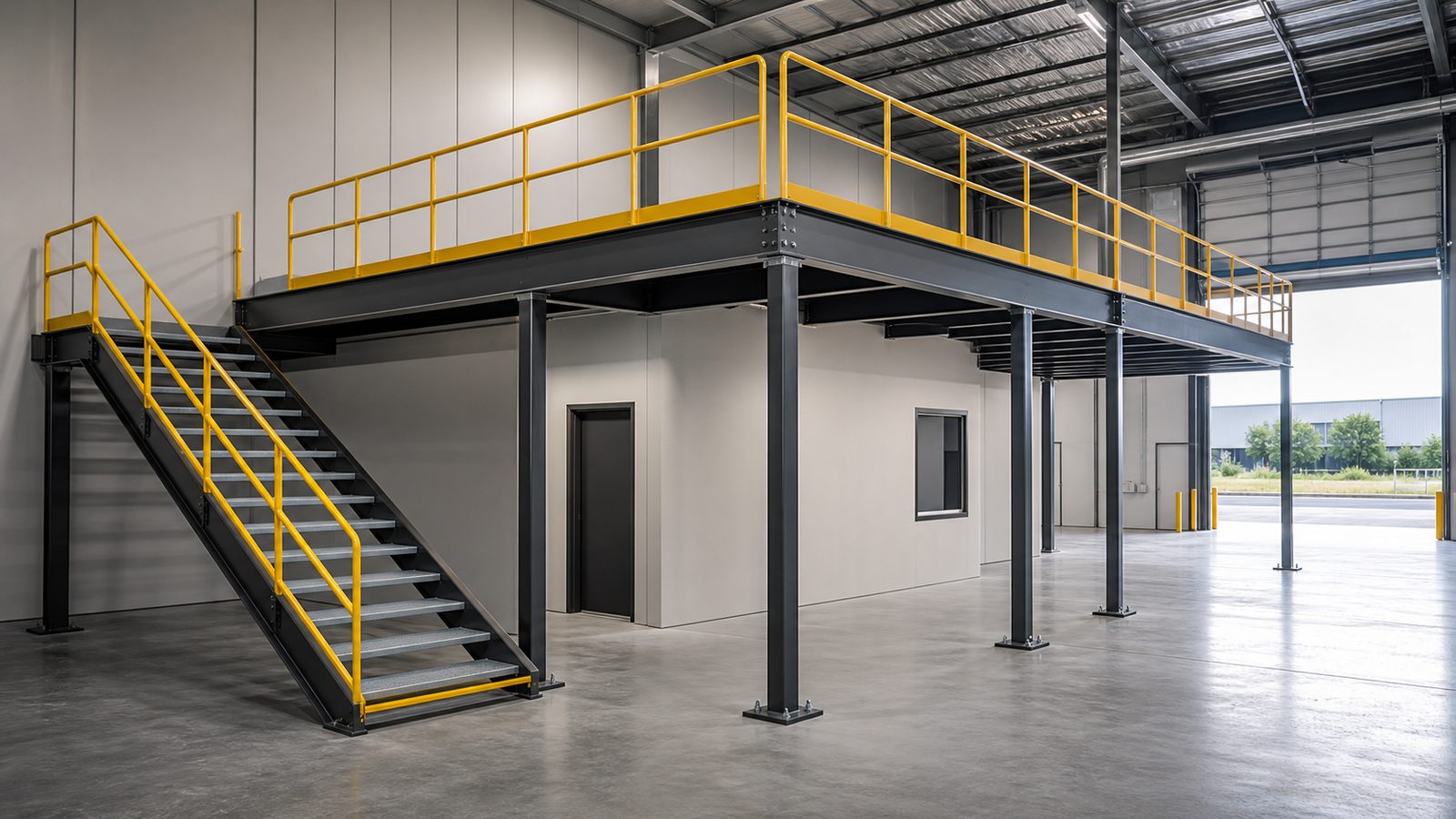 Warehouse office mezzanine with continuous guardrails, protected stairs, support columns, and enclosed office below