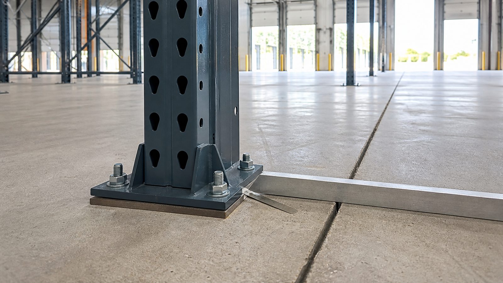 Warehouse rack upright base plate with anchor bolts, shims, concrete joint, and straightedge