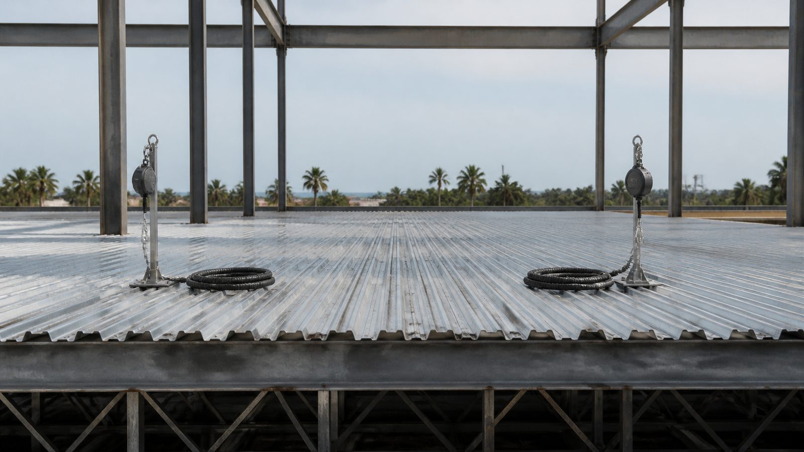 Open steel deck leading edge with staged fall protection equipment