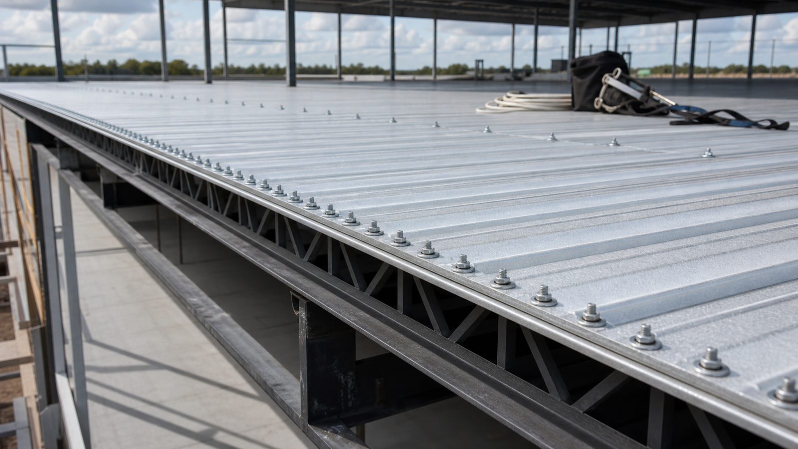 Galvanized roof deck fastened densely to a steel joist near the warehouse perimeter