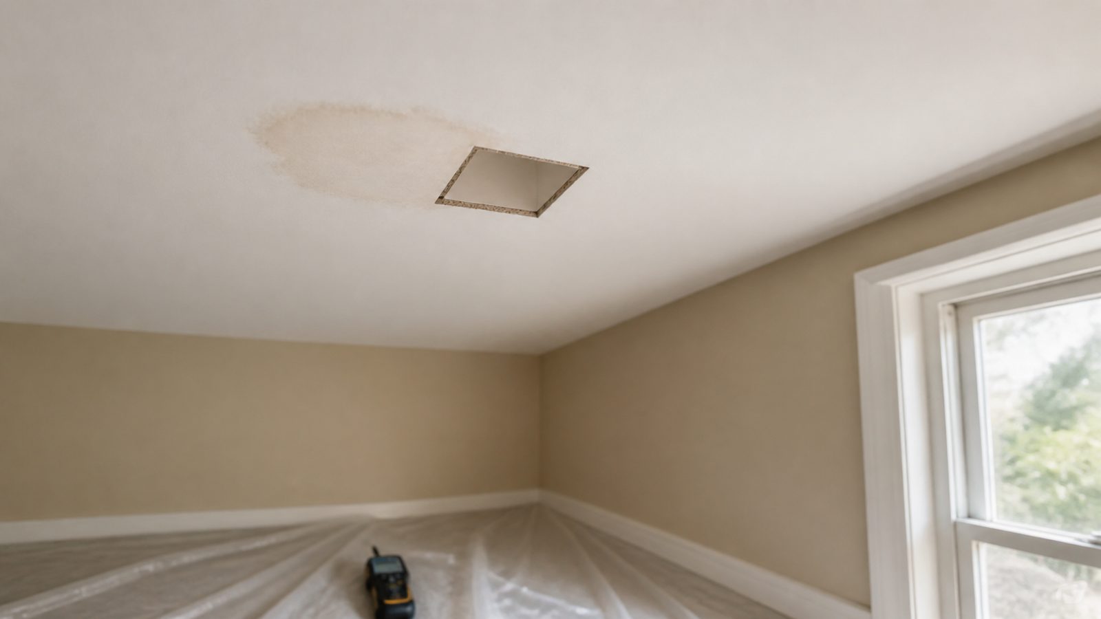 Ceiling water stain beside a small inspection opening and moisture meter