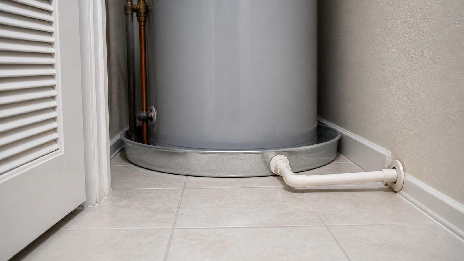 Tank water heater seated in a galvanized drain pan with a routed pan drain line