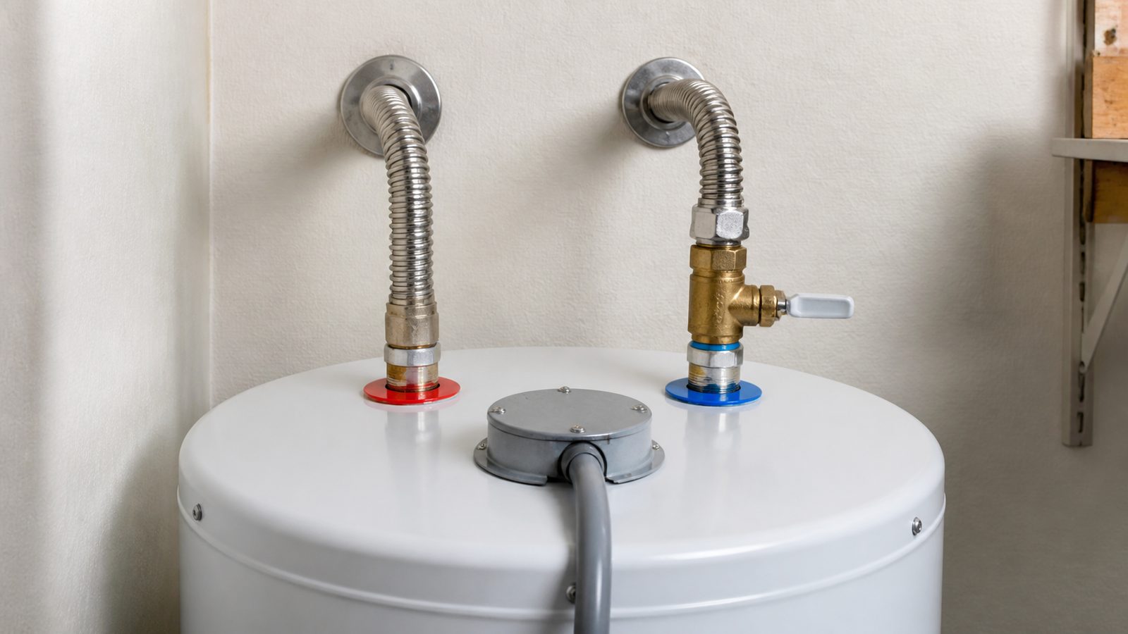 Electric water-heater top with flexible supply connectors, accessible shutoff valve, and closed electrical cover