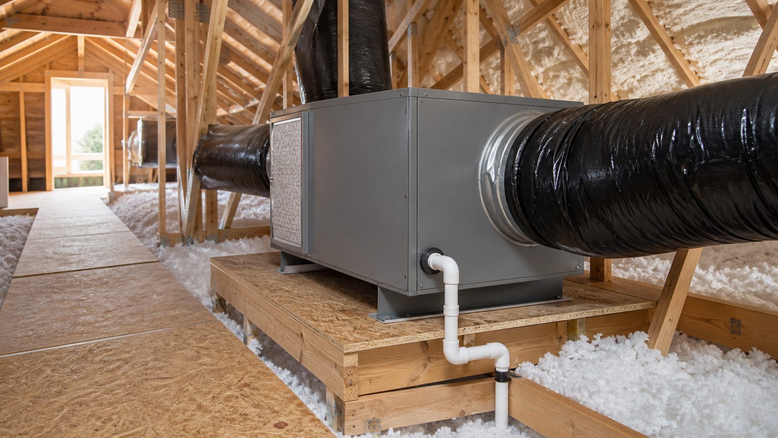 Whole-house dehumidifier installed in an attic with insulated duct connections