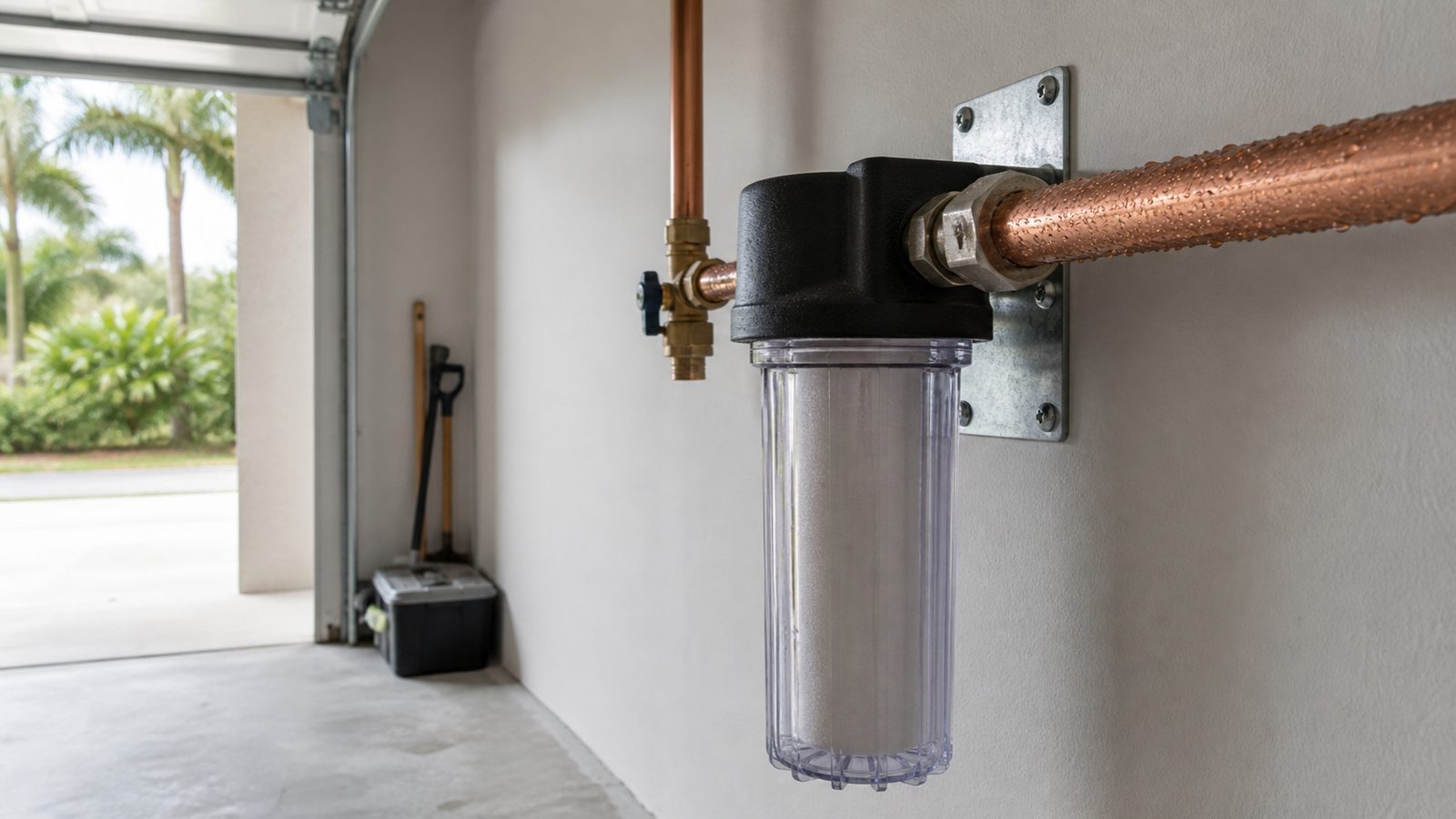Condensation beads on a cold copper supply line and filter head in a Florida garage