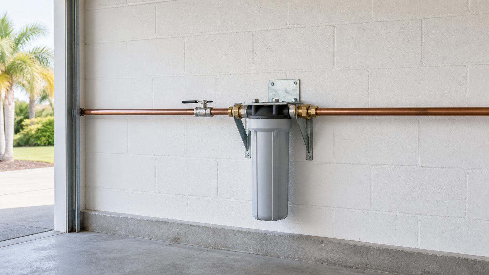 Supported whole house water filter mounted after the main shutoff on a Florida garage supply line