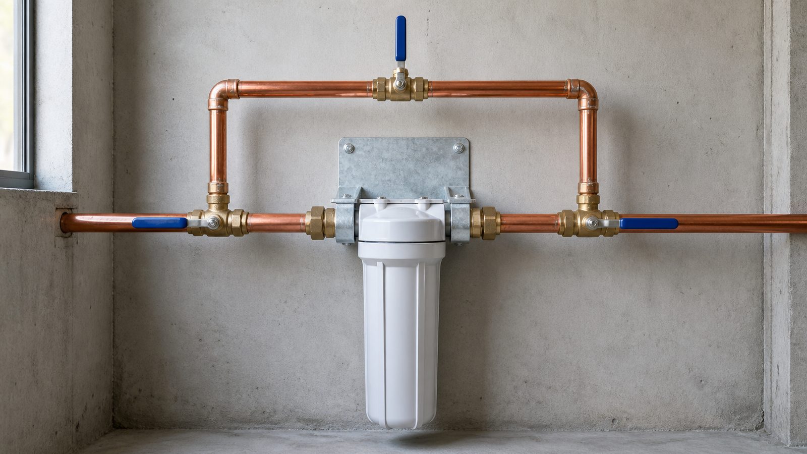 Whole house filter with two isolation valves, one bypass valve, unions, and a support bracket