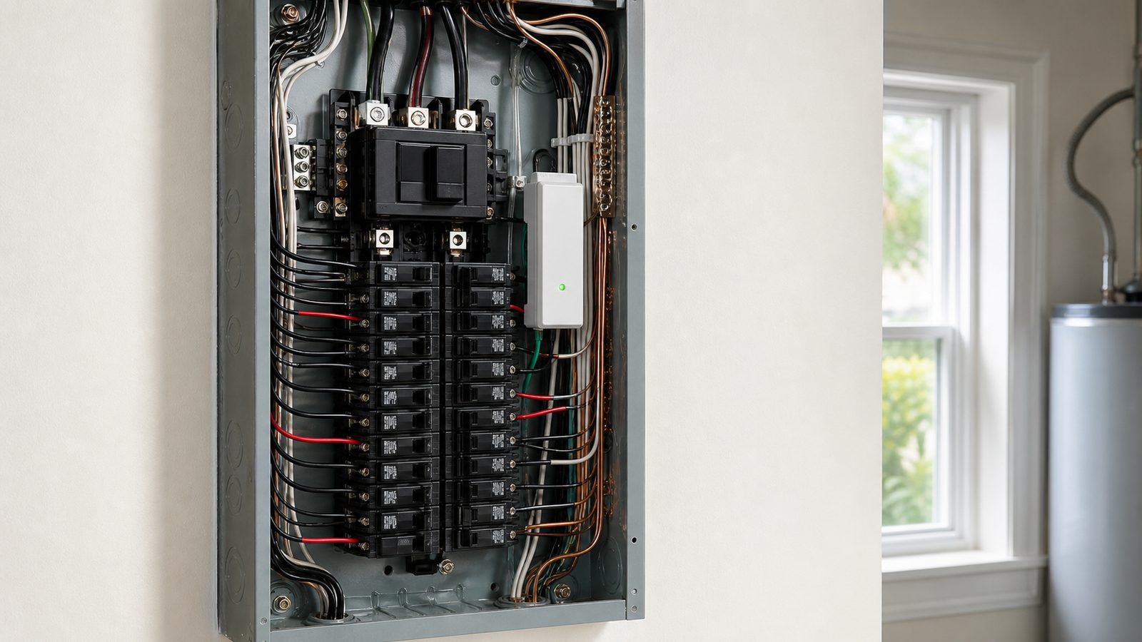 Residential breaker panel with a whole-house surge protection device beside the main breaker