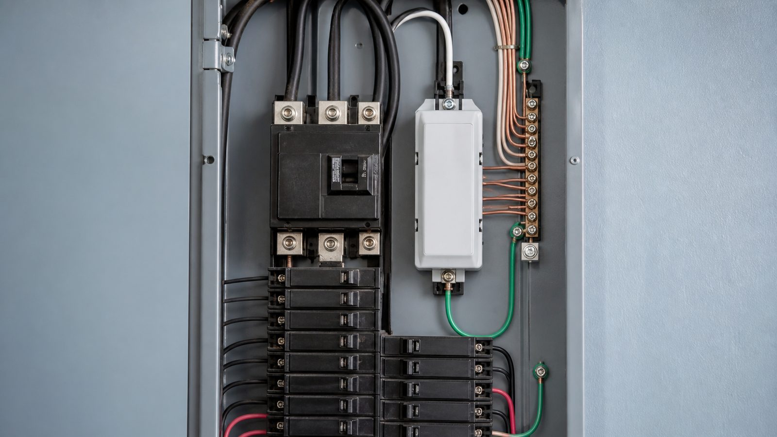 Organized whole-house surge protection module and conductors inside a residential breaker panel