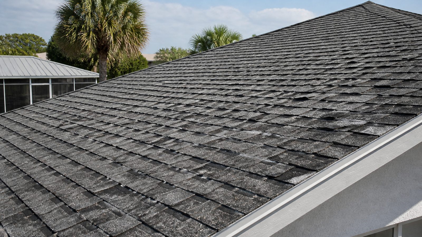Weathered asphalt shingle roof plane with widespread curling and granule thinning