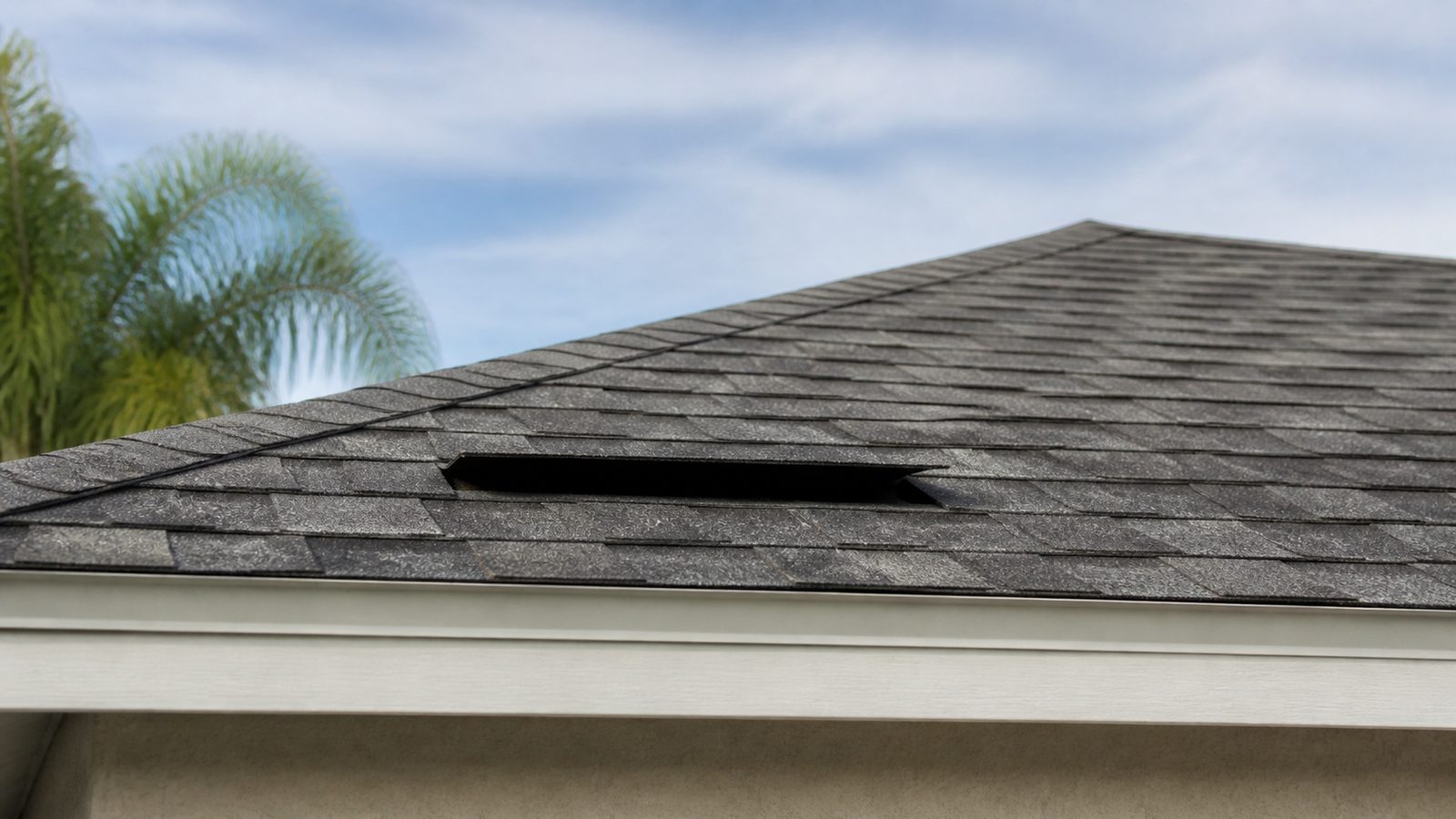 Lifted asphalt shingle tab above a separated sealant strip on a hip roof
