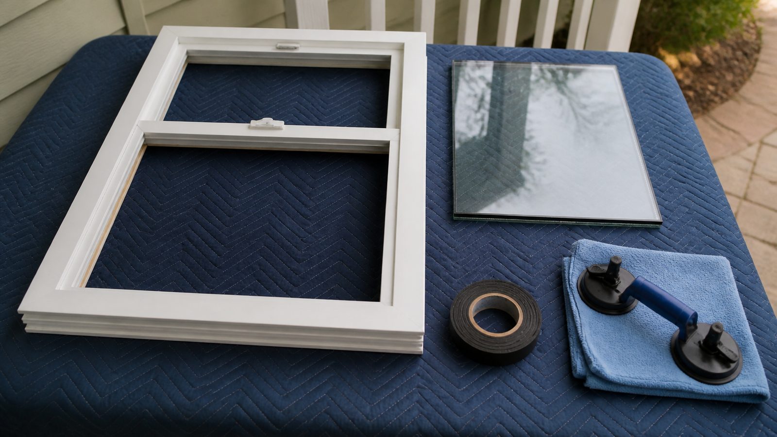 Window sash prepared on a padded surface beside an intact insulated replacement pane