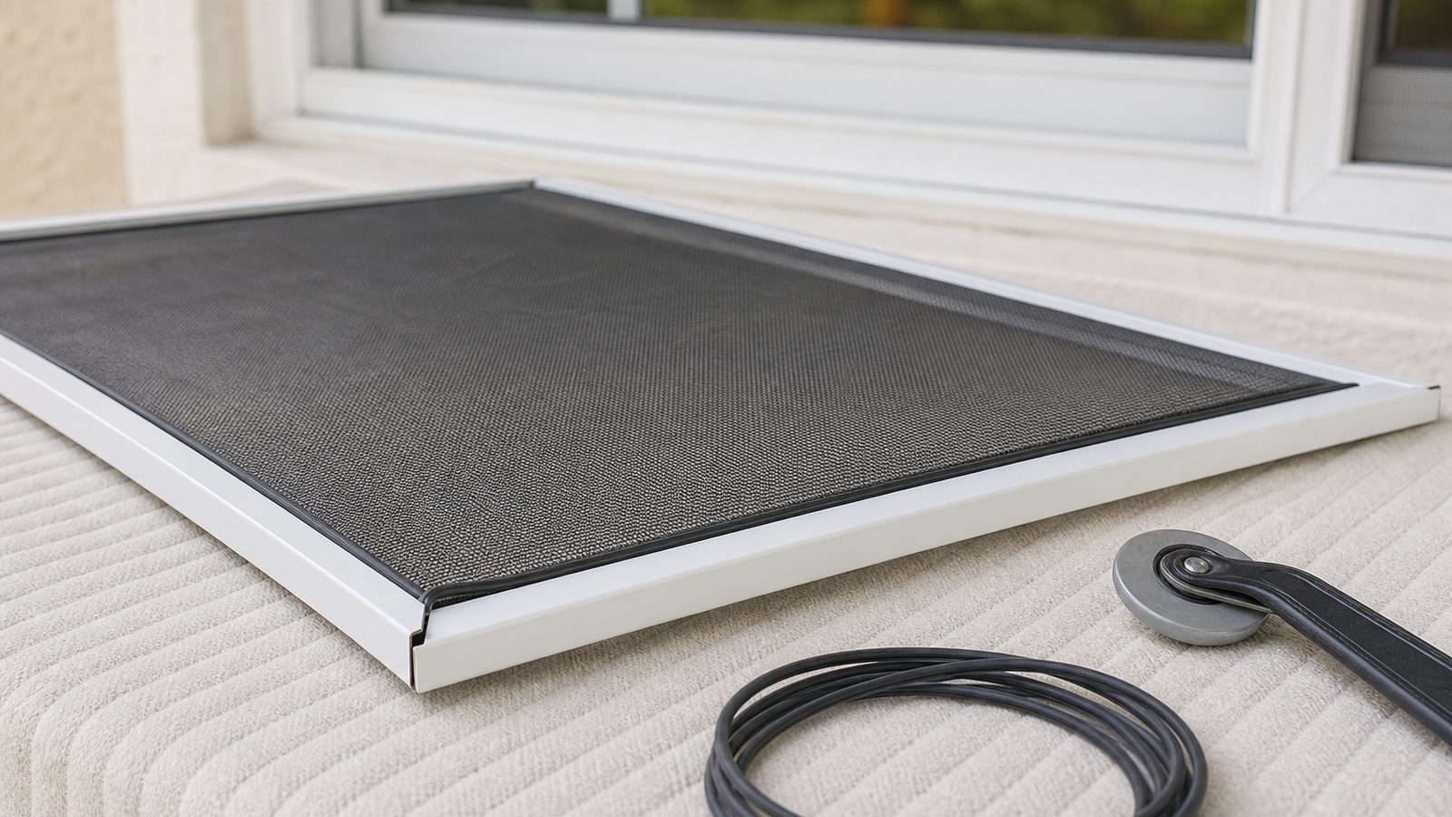 White aluminum window-screen frame with taut dark mesh, spline, roller, and spare spline