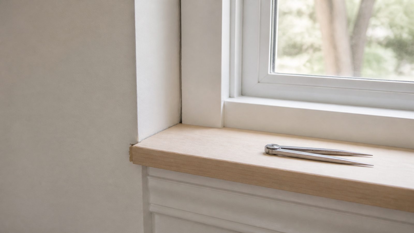 Close view of an unfinished wood window stool with a tapered gap at the drywall return