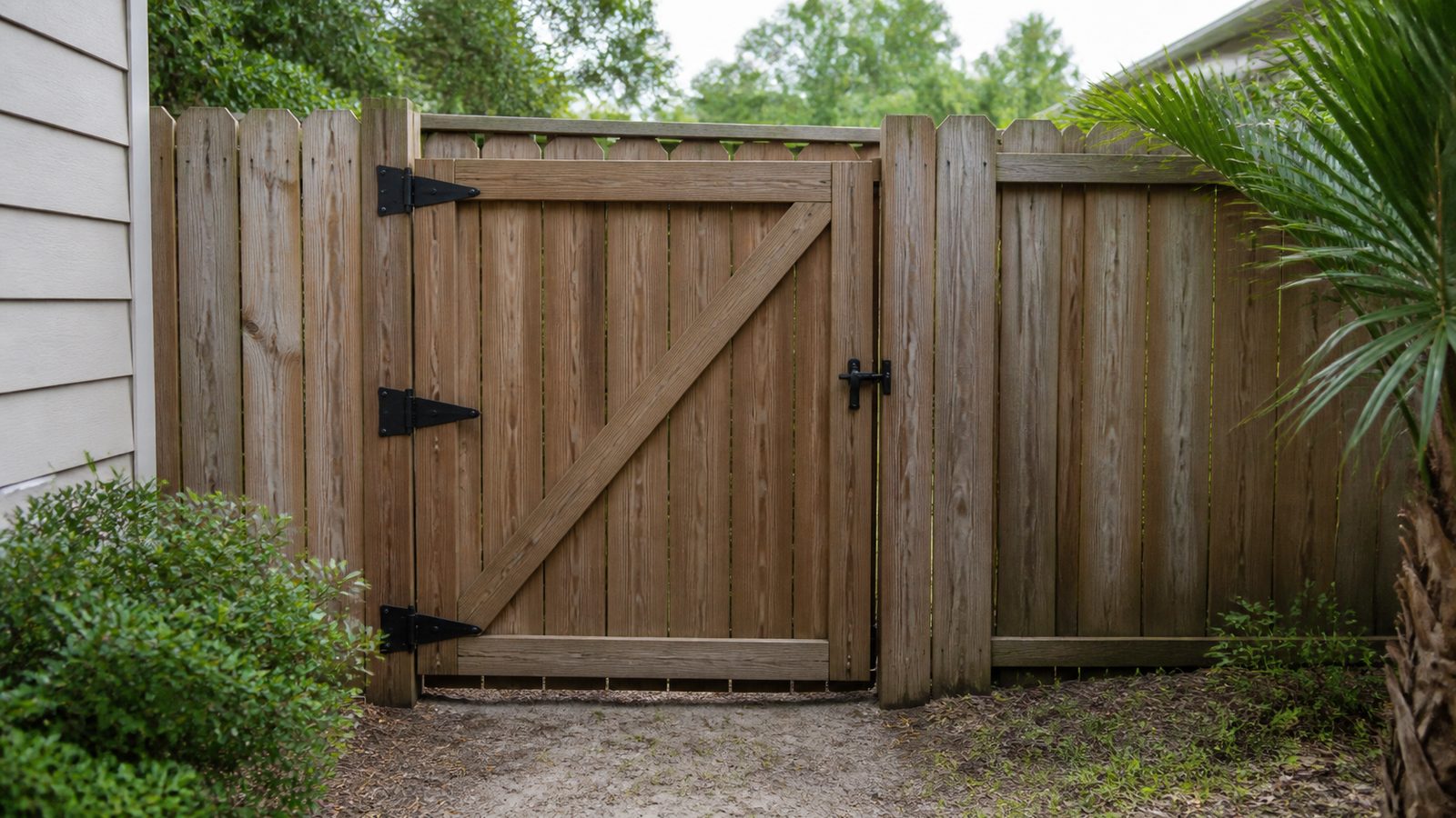 Wood fence gate with strap hinges, diagonal bracing, and a latch post