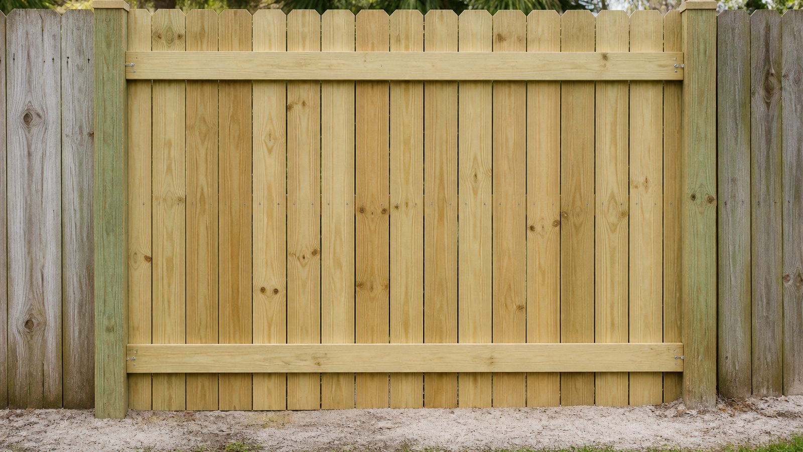 New pressure-treated wood privacy-fence panel set straight between plumb posts